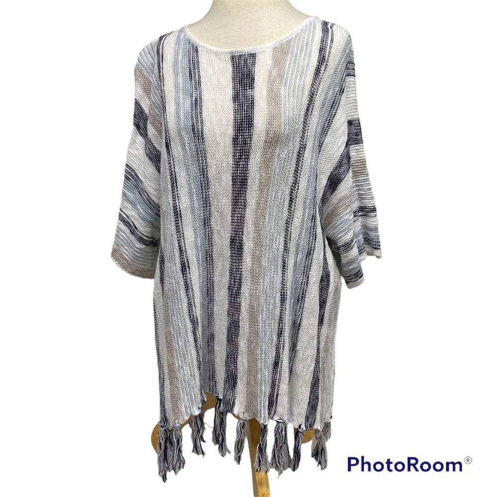Fate Womens Small Cotton Boho Striped Fringe Tassel Scoop Neck Tunic Cover up